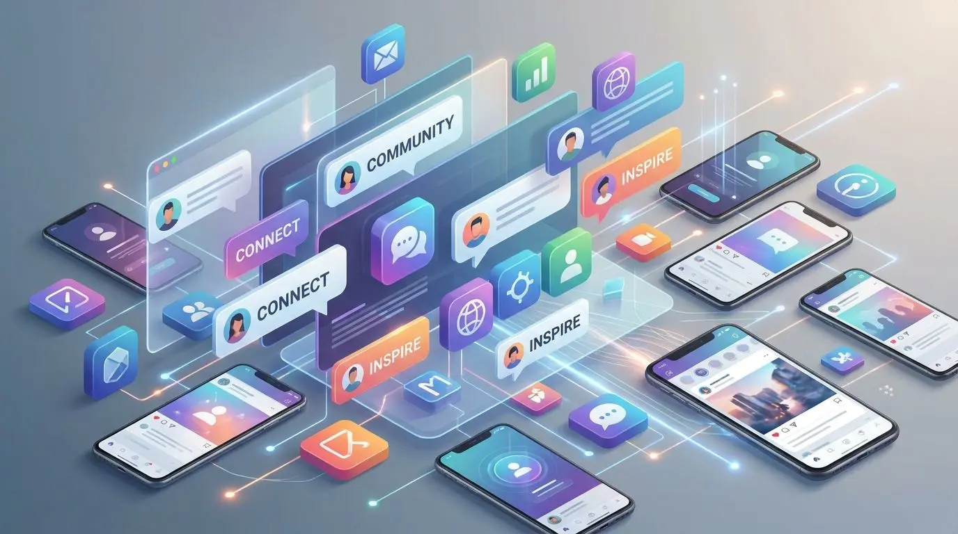 Collage aus Social-Media-Elementen und Community-Austausch
