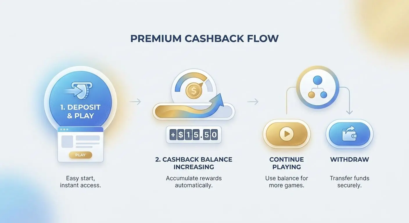 So funktioniert Cashback in einfachen Schritten Infografik zum Ablauf von Einsatz ĂŒber Cashback-Saldo bis Nutzung