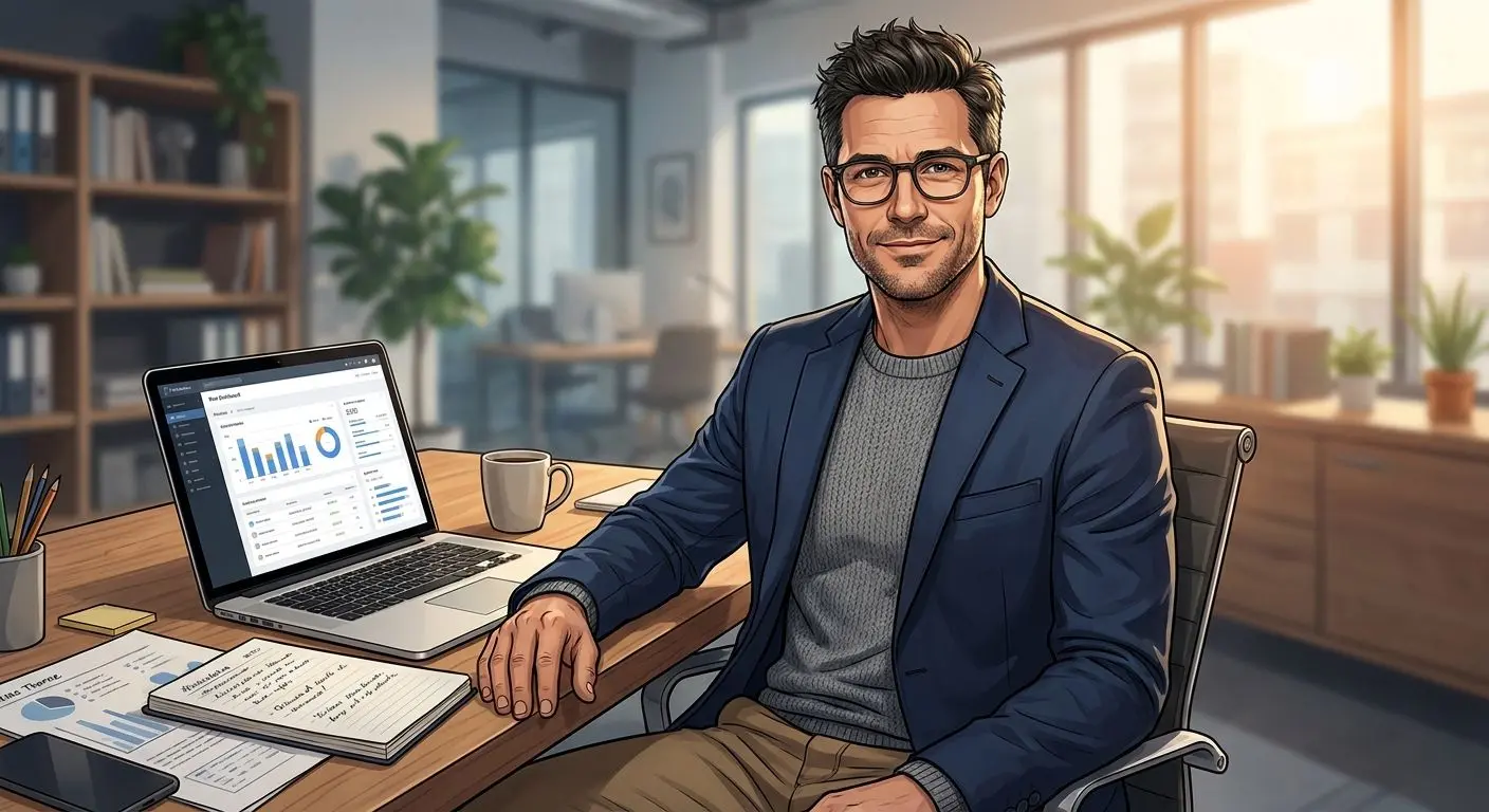 Autorendarstellung eines fiktiven Business-Analysten in neutraler Büroszene