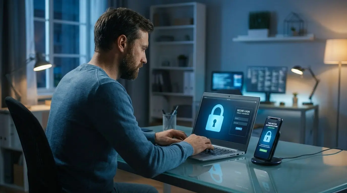 Sicherer Online-Login mit Schloss-Symbol auf Laptop und Smartphone