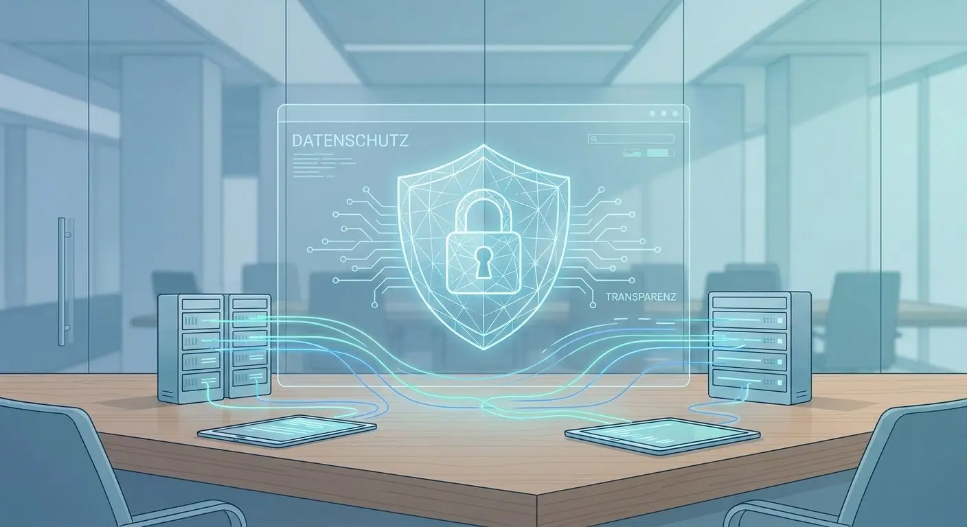 Illustration zu Datenschutz und Transparenz mit Schloss und Schutzsymbolen