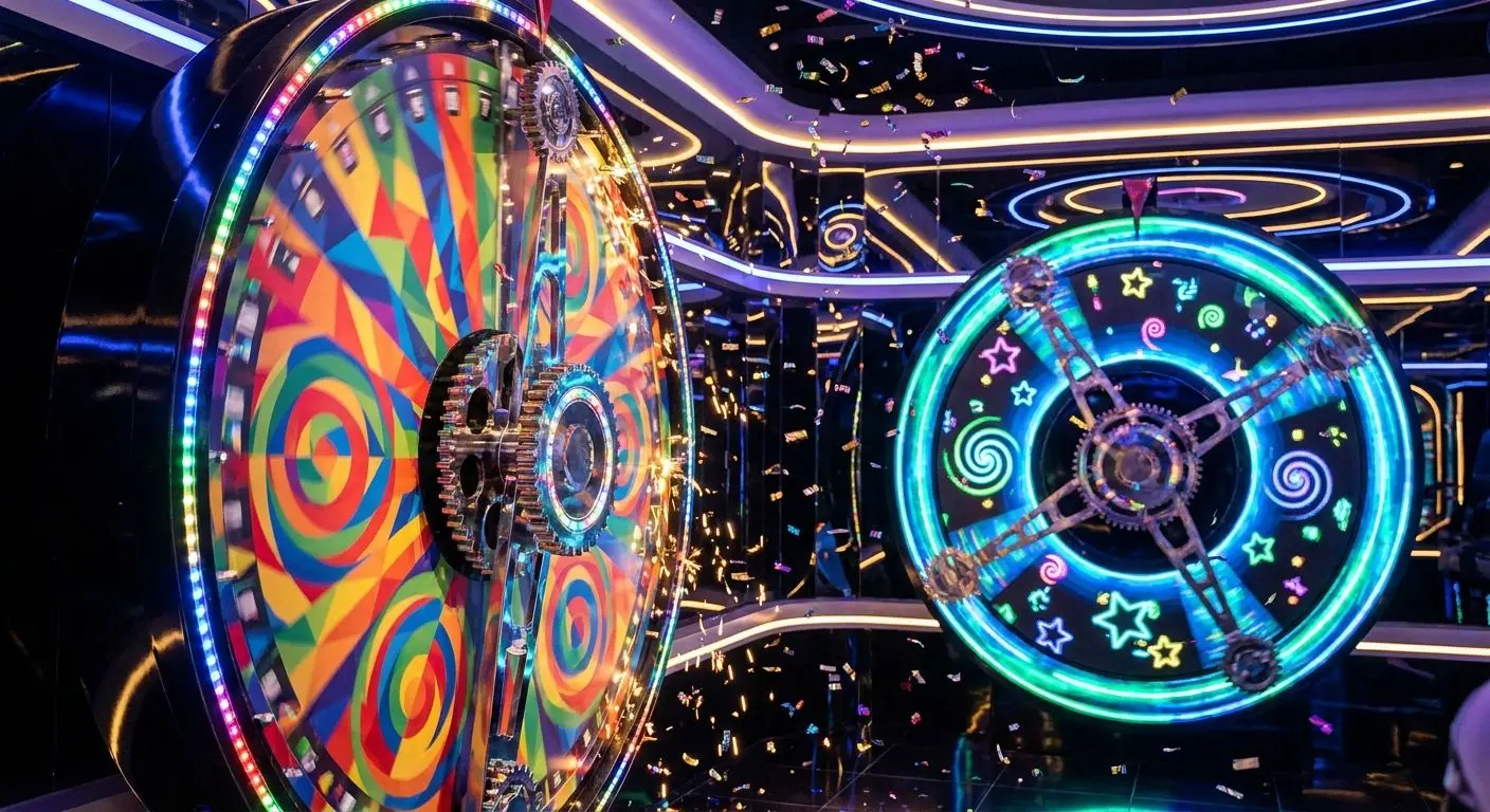 Prize-Twister-Rad neben einem zweiten Bonusrad im Studio-Look