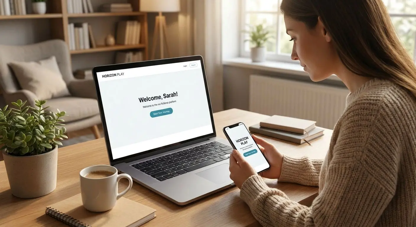 Neukunde entdeckt die Registrierung einer Online-Spielplattform auf Laptop und Smartphone