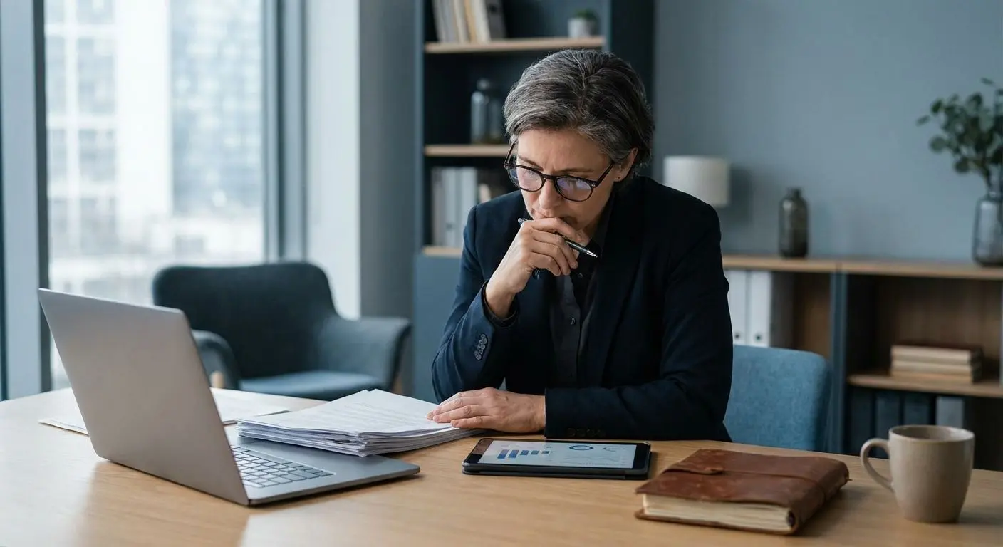 Symbolische Experten-Darstellung mit Laptop und Notizen